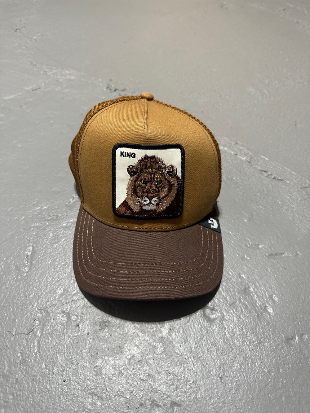 Men's Two-Tone Brown & Mustard Lion Patch Trucker Hat